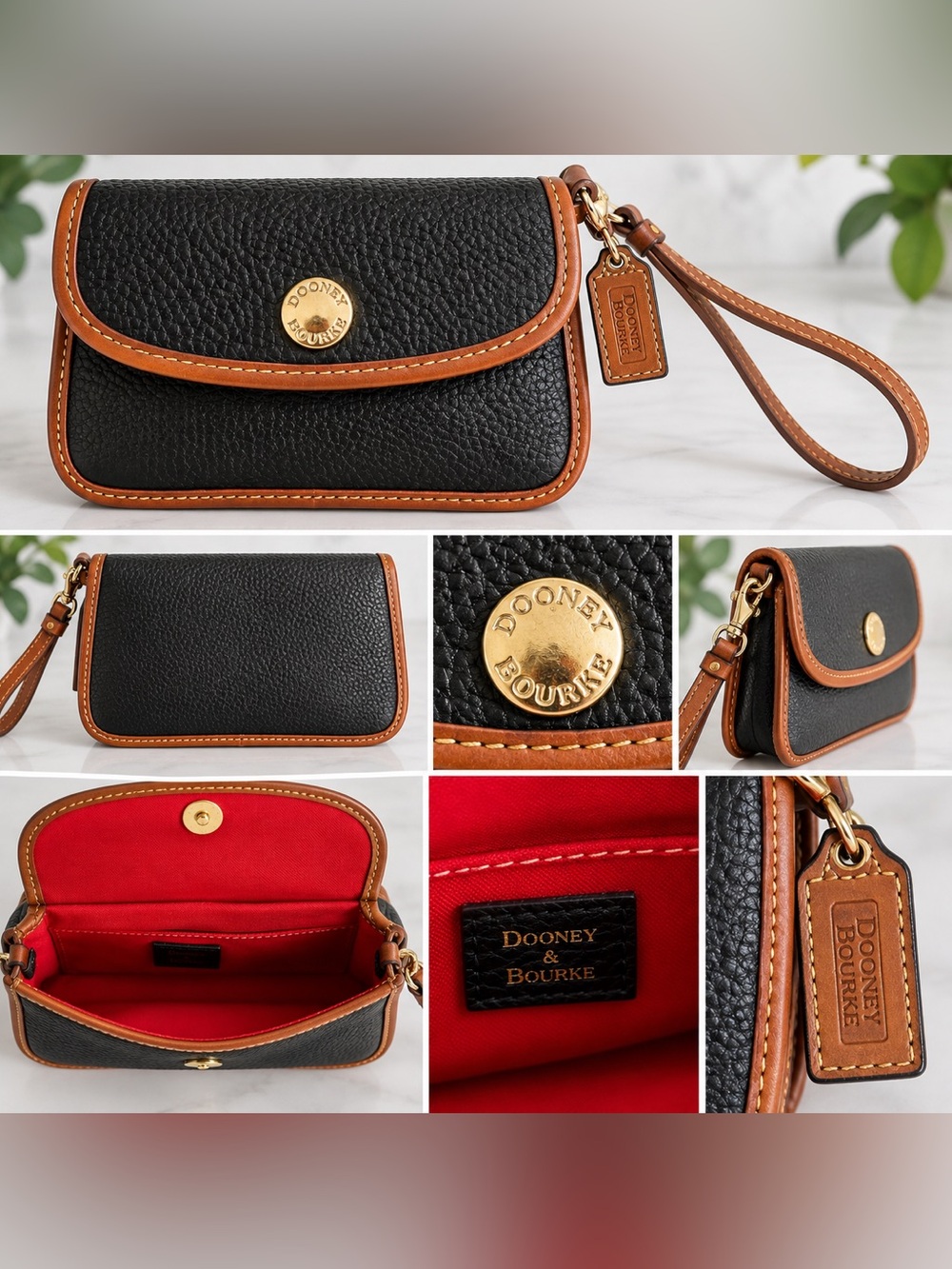 Dooney & Bourke Black Pebbled Leather Wristlet Clutch Red Interior Tan Trim